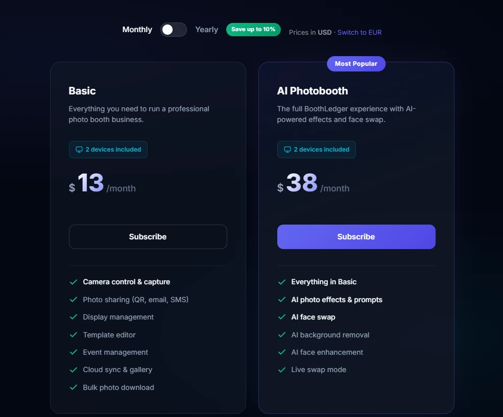 7. BoothLedger — Best for Operators Who Want Bundled AI Effects at a Flat Rate