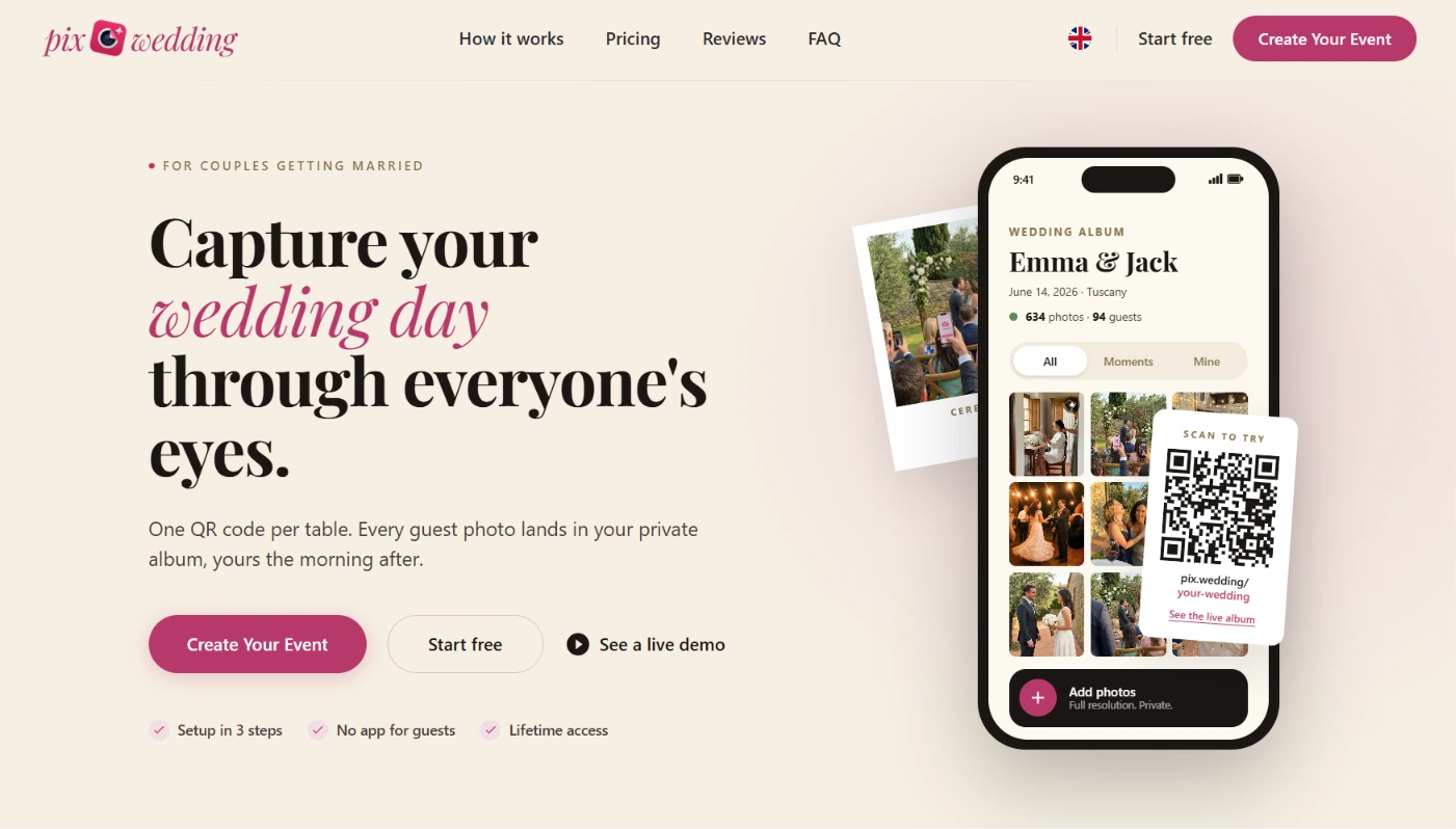 5. Pix Wedding — Best Alternative for Multi-Day Wedding Guest Photo Sharing