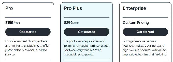 Pricing Structure: Subscription tiers with monthly photo caps and per-overage charges.