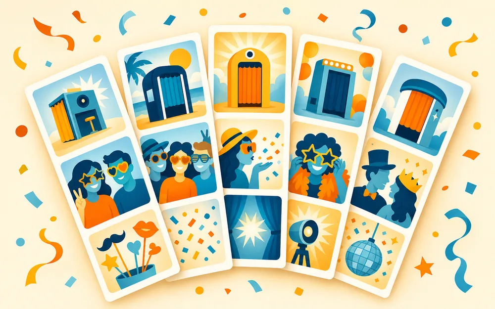 A fan of bright photo strips spread out like a hand of cards, each frame a different booth