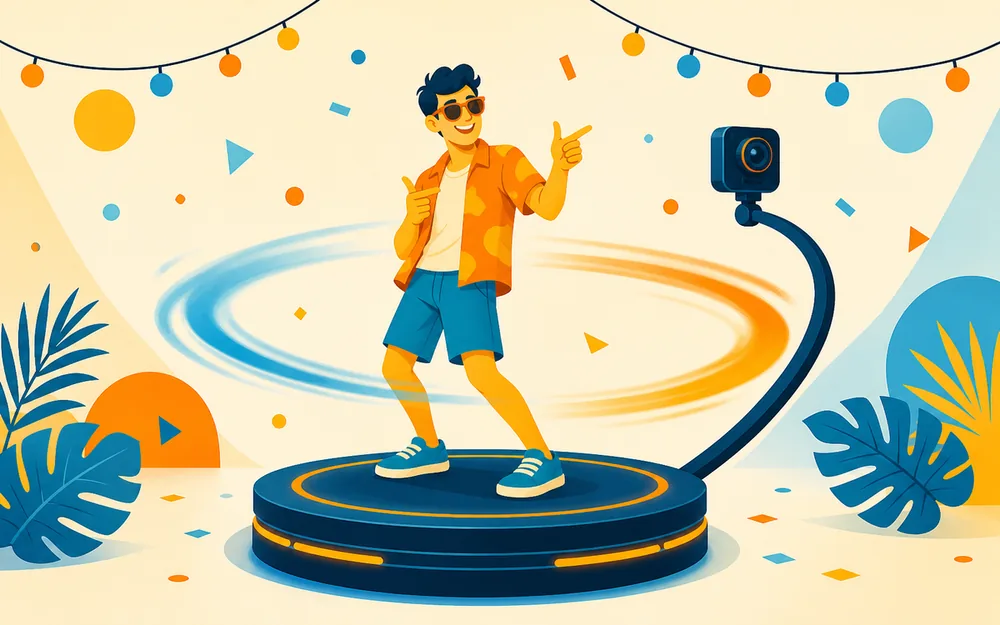 A guest posing on a 360 photo booth platform as a camera arm orbits them