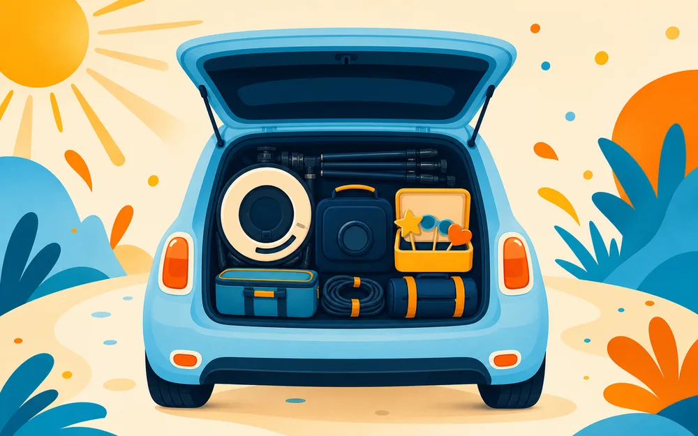 A compact photo booth kit packed neatly into a car trunk
