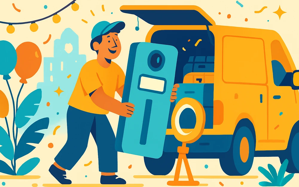 A compact photo booth kit being loaded into a van for a mobile event