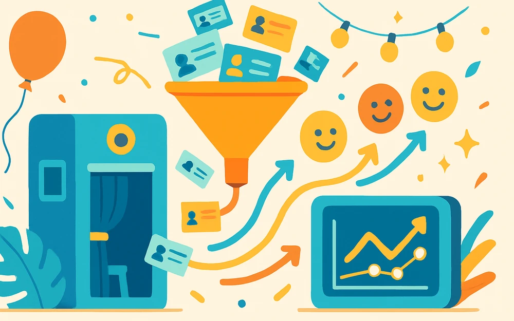 A photo booth funneling guest contacts into a CRM dashboard