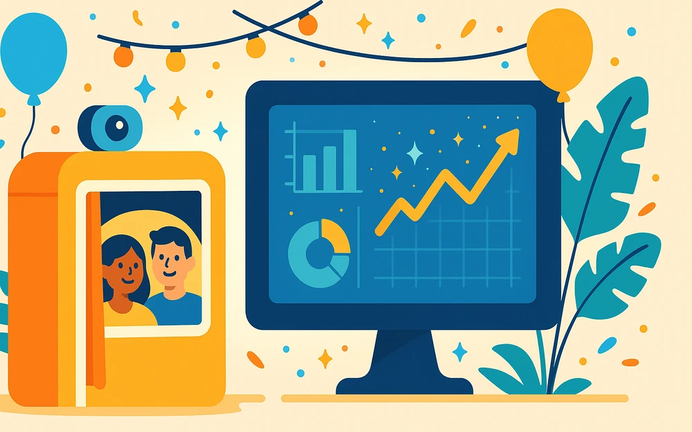 A photo booth beside a glowing live analytics dashboard