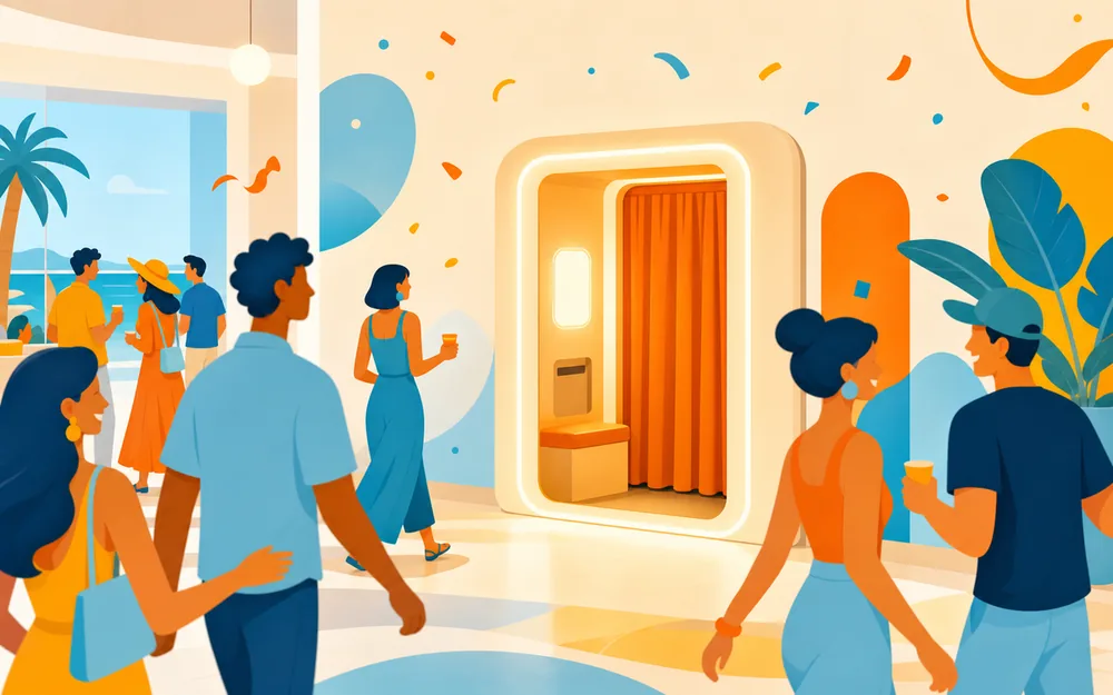 A permanent photo booth installation glowing in a bright venue lobby