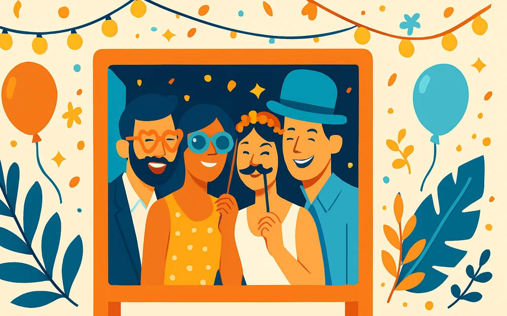 A photo booth at a joyful wedding celebration