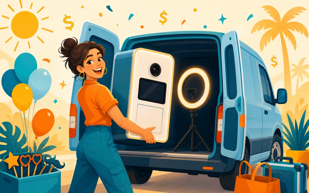 An excited new photo booth operator loading gear into a van