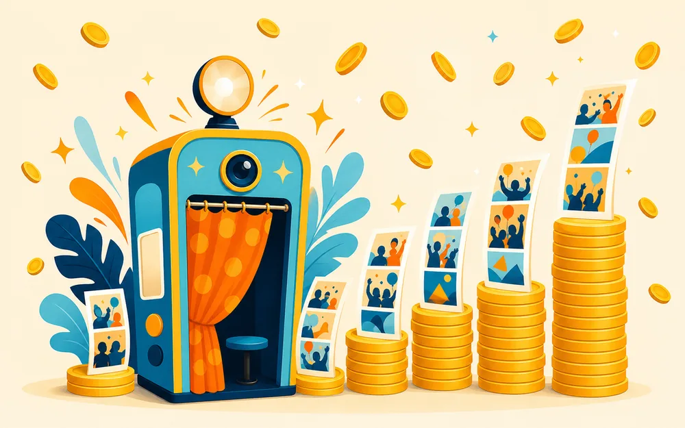 A photo booth surrounded by a rising chart and coins