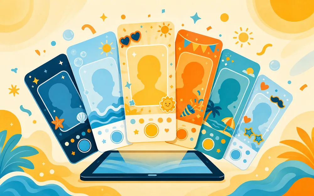 Several photo booth apps shown as colorful phone screens fanned out