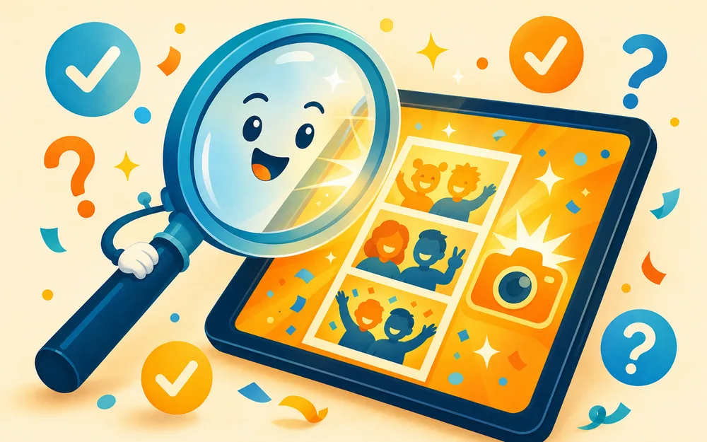 A magnifying glass inspecting a glowing photo booth app