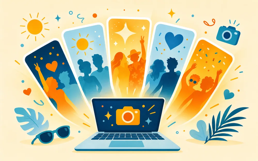 A fan of photo booth software options glowing on screens