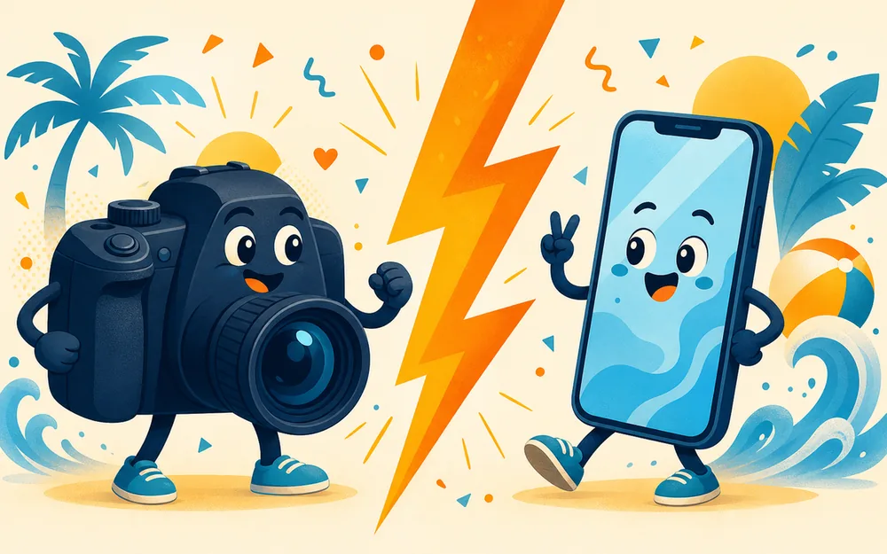Two photo booth platforms facing off across a versus bolt