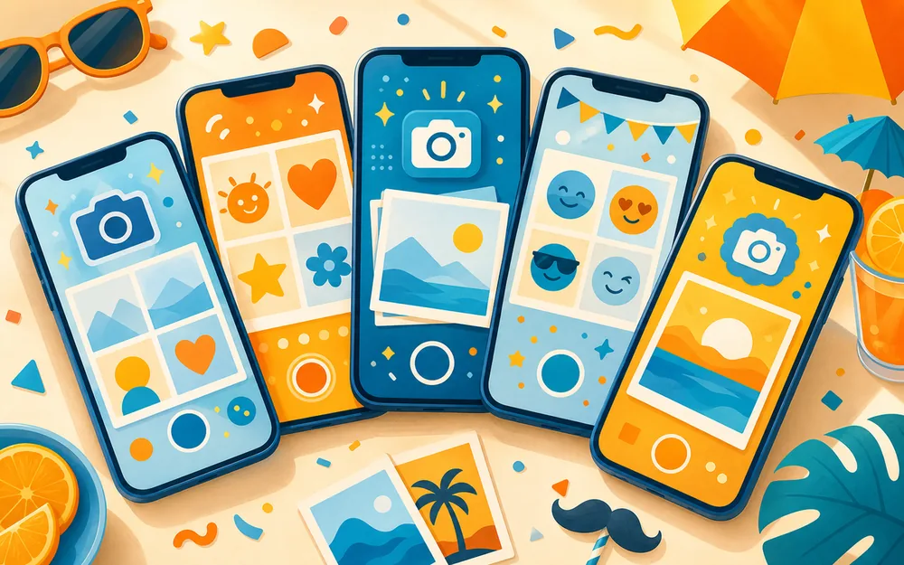 A spread of photo booth app options glowing on phones