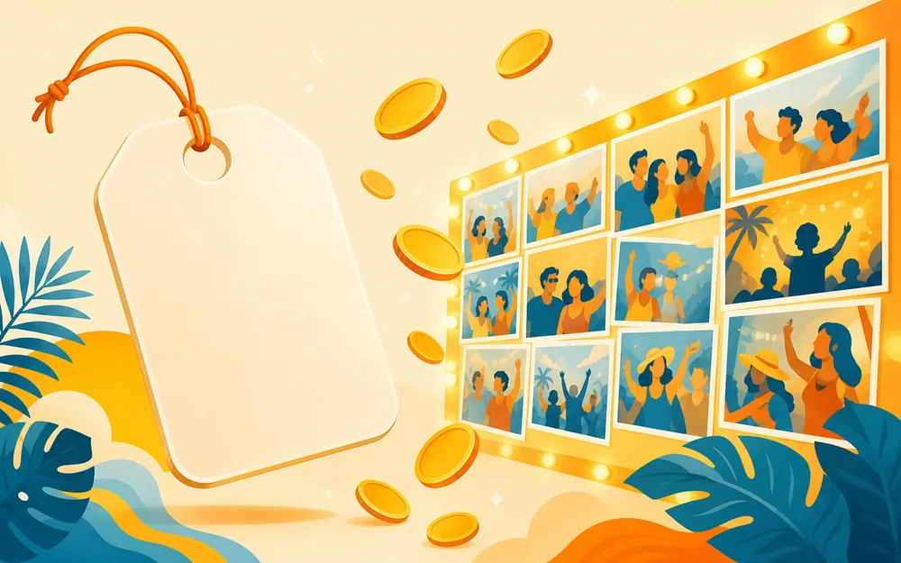 A price tag floating beside a live photo wall