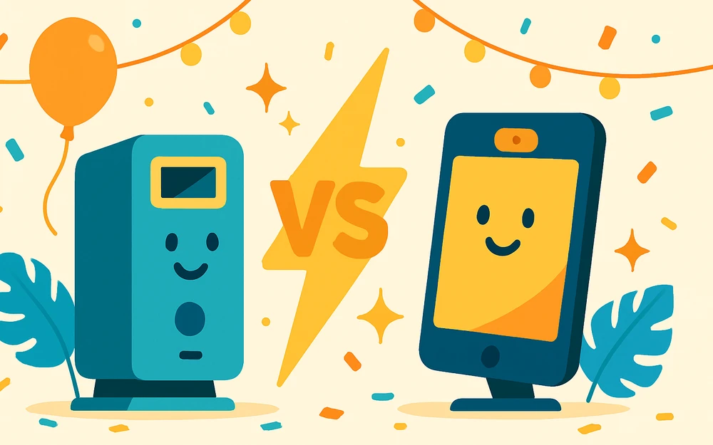 Two photo booth apps facing off across a versus bolt