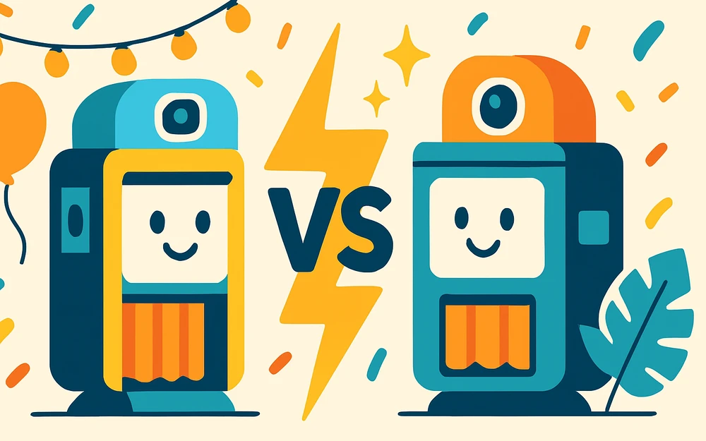 Two photo booth apps facing off across a versus bolt