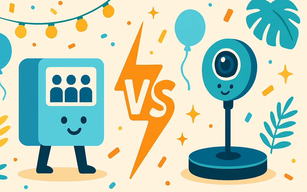 Two photo booth apps facing off across a versus bolt