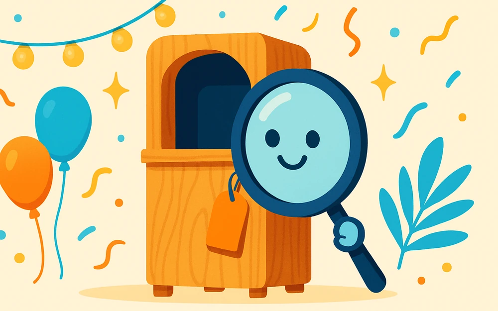 A magnifying glass inspecting a handcrafted wooden photo booth