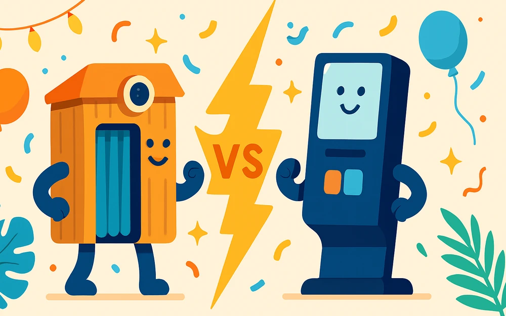 Two photo booth solutions facing off across a versus bolt
