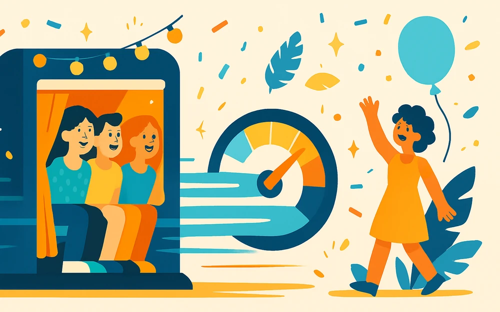 A photo booth with a fast-moving line of happy guests and a speed gauge
