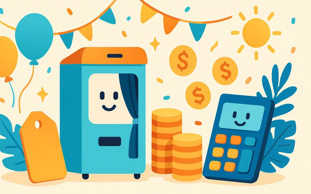 A smartphone photo booth beside a price tag and stacks of coins