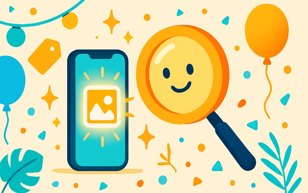 A magnifying glass inspecting the Flassh app on an iPhone