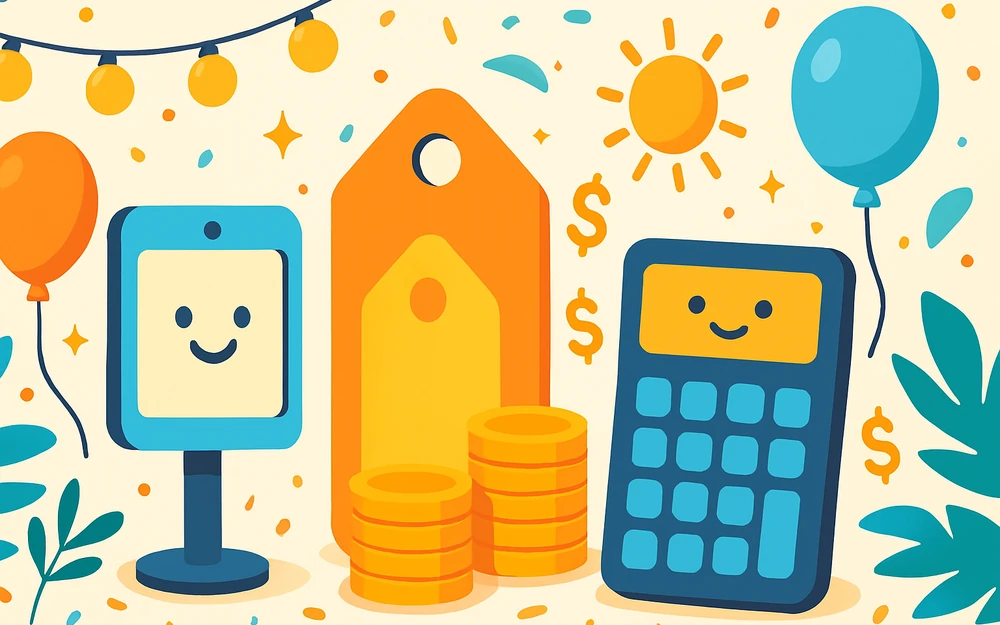 A GIF photo booth beside a price tag and stacks of coins