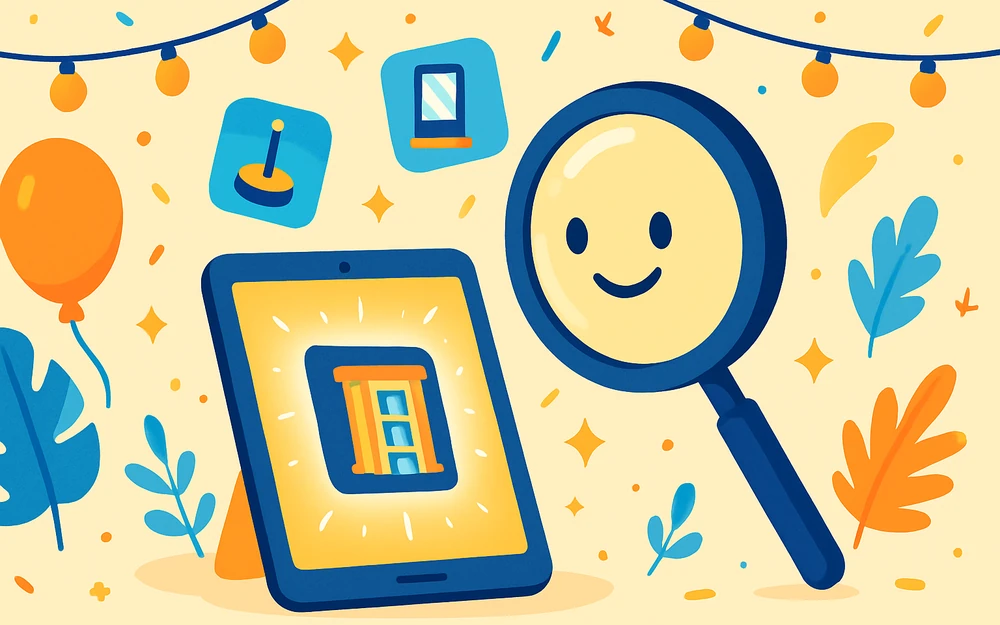 A magnifying glass inspecting the LumaBooth app on a tablet