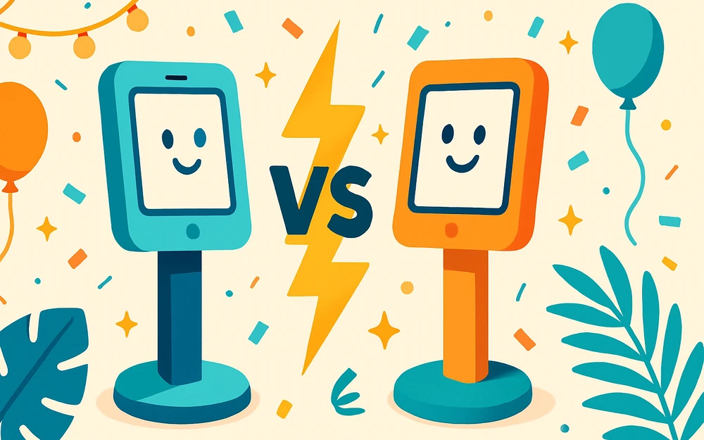 Two photo booth apps facing off across a versus bolt