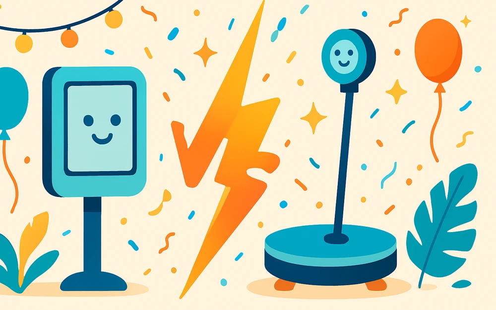Two photo booth apps facing off across a versus bolt