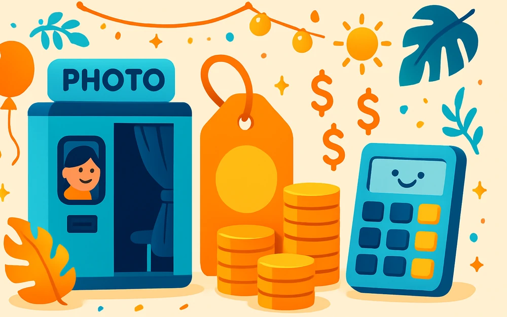 A premium photo booth beside a price tag and stacks of coins