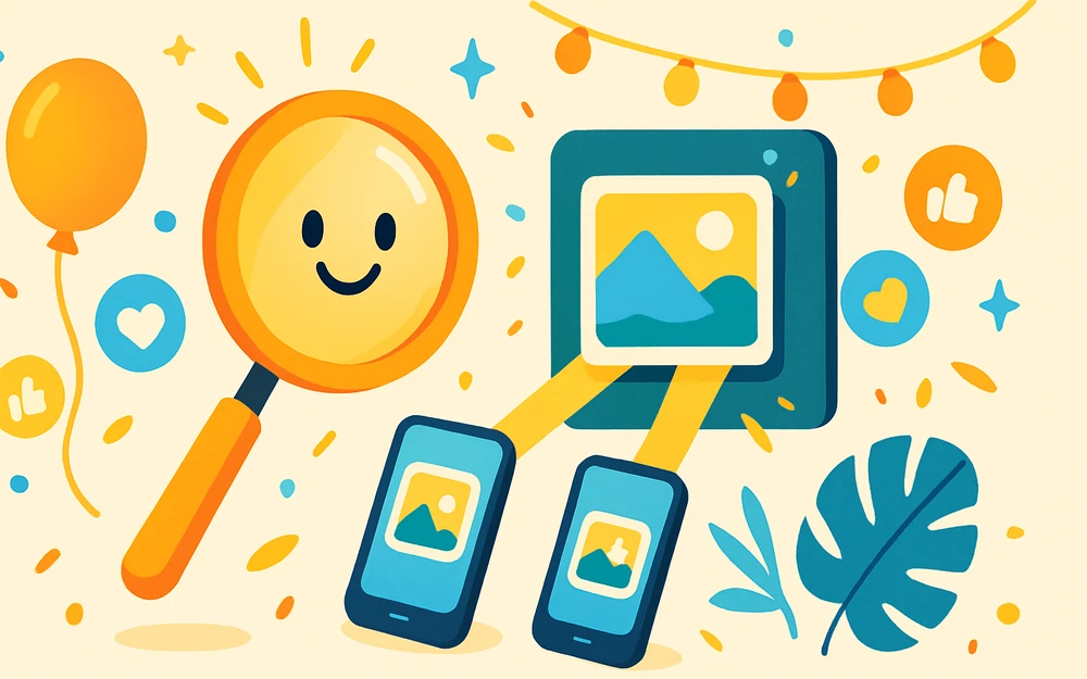 A magnifying glass inspecting the PicPic Social sharing platform