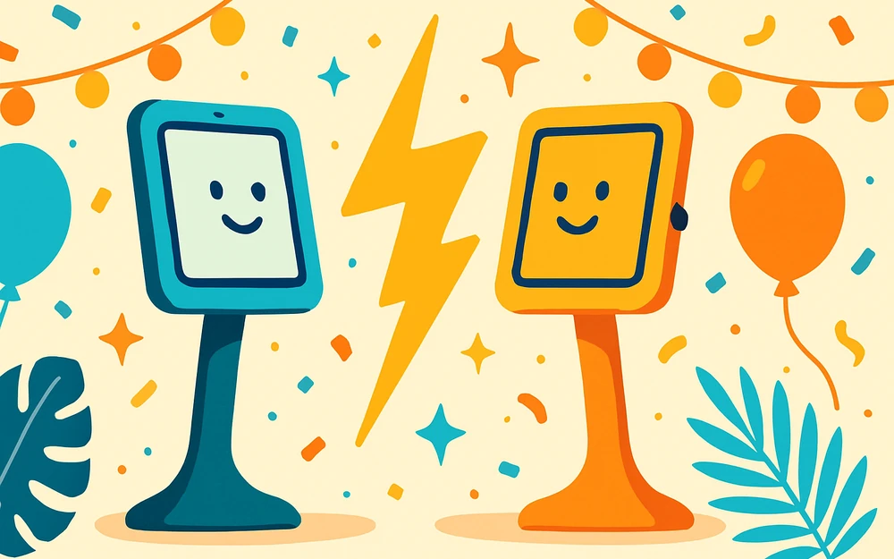 Two photo booth apps facing off across a versus bolt