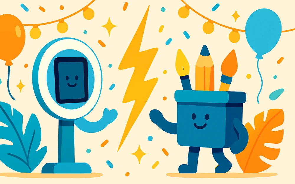 Two photo booth apps facing off across a versus bolt