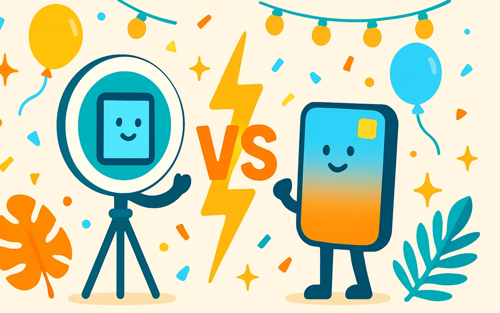 Two photo booth apps facing off across a versus bolt
