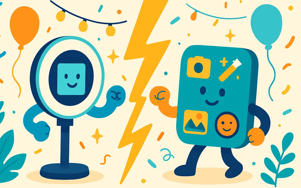 Two photo booth apps facing off across a versus bolt