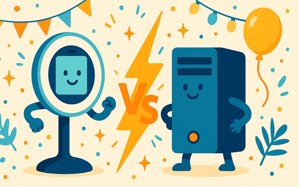 Two photo booth apps facing off across a versus bolt