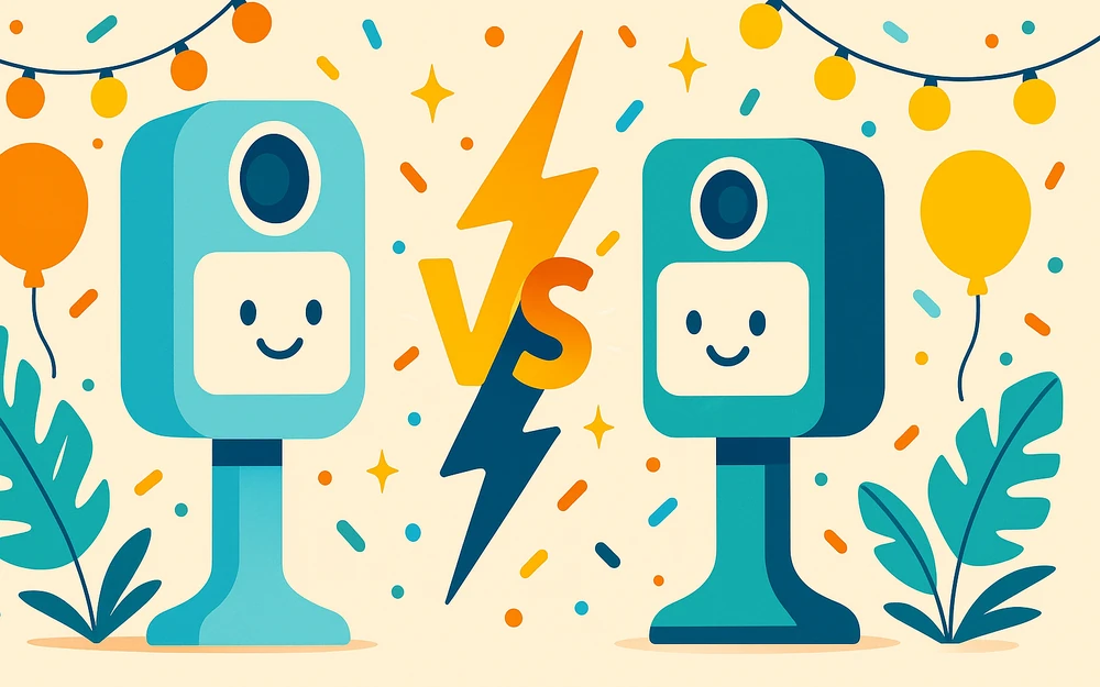 Two photo booth apps facing off across a versus bolt