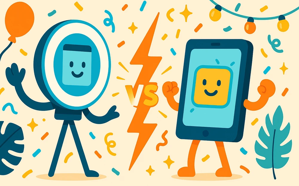 Two photo booth apps facing off across a versus bolt
