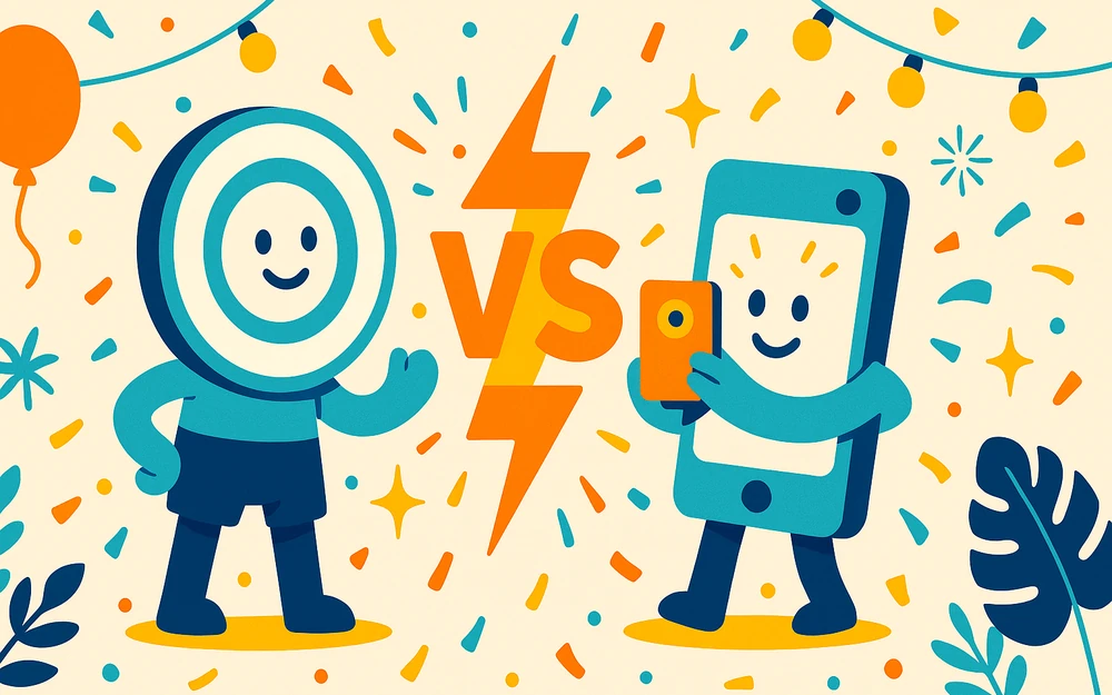 Two photo capture apps facing off across a versus bolt