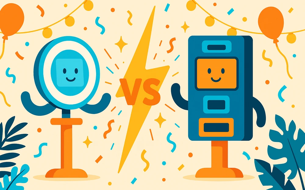 Two photo booth apps facing off across a versus bolt