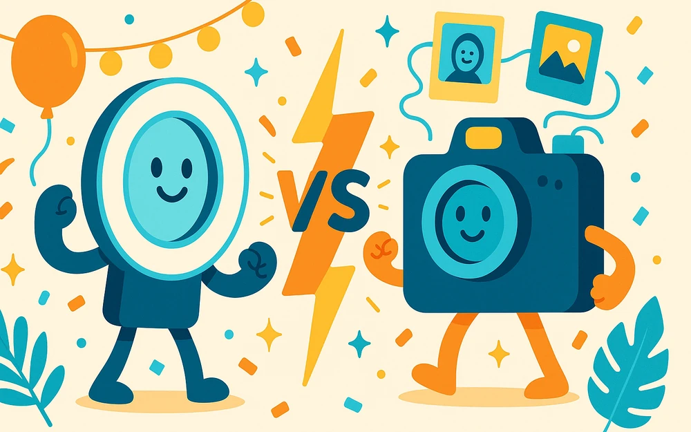 Two event-photo apps facing off across a versus bolt