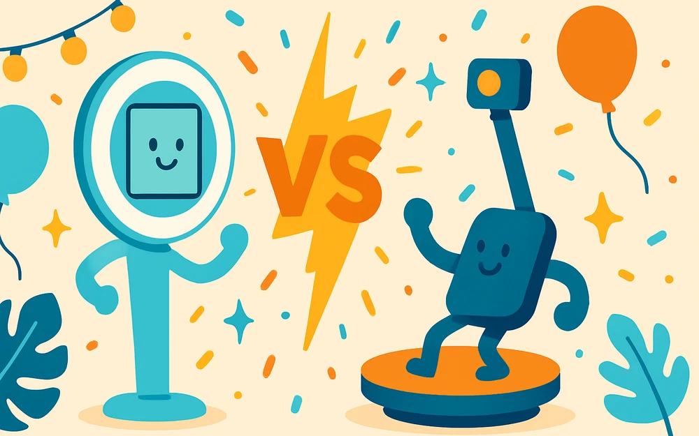 Two photo booth apps facing off across a versus bolt