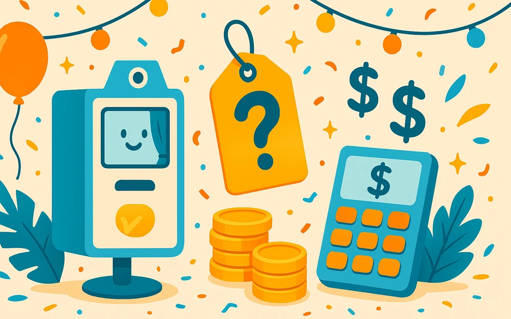 A premium photo booth beside a mystery price tag and stacks of coins