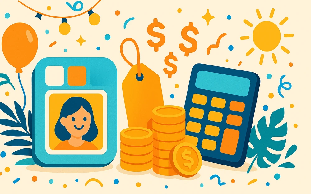 A photo booth app beside a price tag and stacks of coins