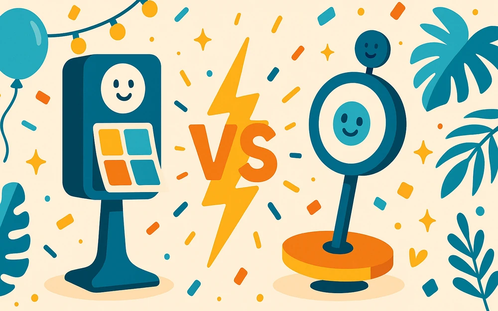 Two photo booth apps facing off across a versus bolt
